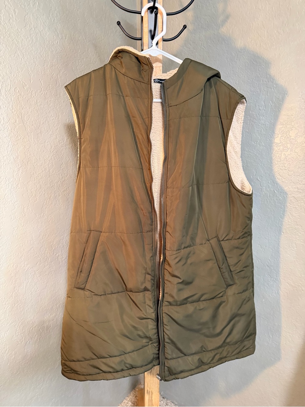 Women’s Olive Hooded Vest with Sherpa Lining